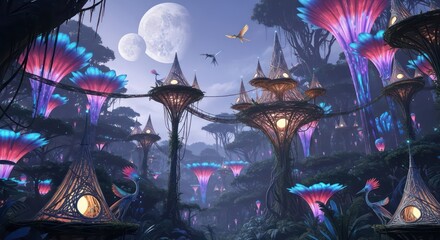 Fantasy Forest with Bioluminescent Flora, Floating Islands, and Alien Fauna Under Moons