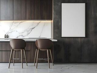 Modern Kitchen Interior with Marble Countertops and Dark Wood Cabinets
