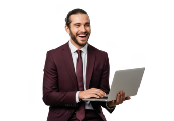 Happy businessman using laptop, smiling, wearing suit, business professional, isolated portrait, isolated on transparent background