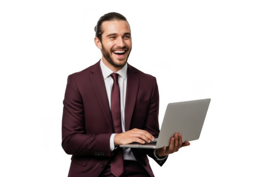 Happy businessman using laptop, smiling, wearing suit, business professional, isolated portrait, isolated on transparent background