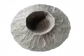 Lunar crater impacting moon surface, creating a deep cavity, isolated on transparent background