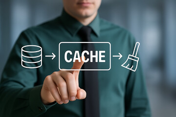 CACHE. Cache and spam concept for website design or landing web page. Web cleaning and deleting trash.