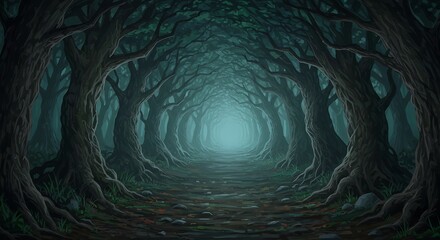 Mysterious Forest Path An Eerie Journey into the Unknown, Through Towering Trees and Misty Vistas