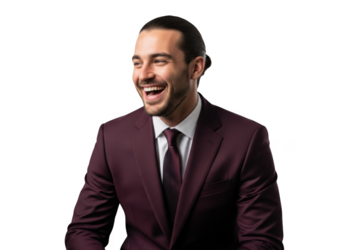 Stock photo of smiling man in burgundy suit and tie laughing candidly, head and shoulders portrait, transparent background, isolated on transparent background