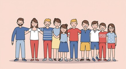 Diverse group of cartoon friends standing together with arms around each other