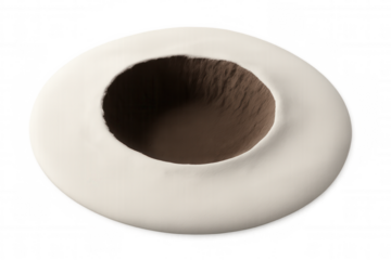 Crater impacting surface creating a depression, with white exterior and brown interior, on a transparent background