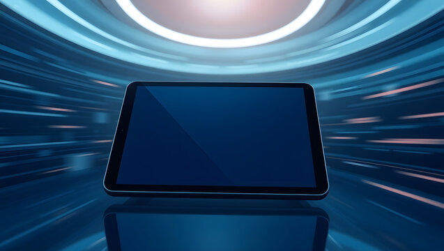 Digital tablet with a blank screen mockup in a futuristic blue light tunnel representing speed and technology