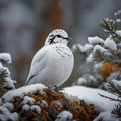 A white-tailed bird perched on a snow-covered branch, surrounded by frozen landscape, adapting to the cold winter environment.