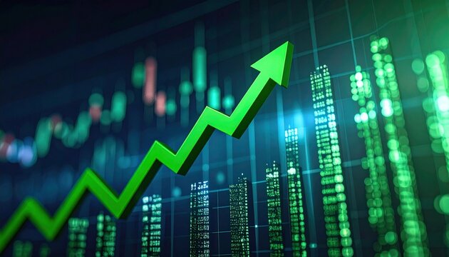 Green arrow pointing upward on financial graph. Business growth chart with rising trend line. Digital stock market data visualization for investment analysis