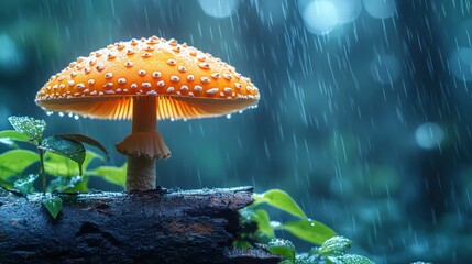 Enchanted Amanita Mushroom Glowing Like a Tiny Lantern in a Blue Forest Rain