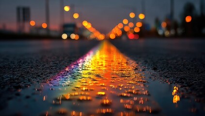 A wet city street at dusk, vibrant rainbow reflections on the asphalt
