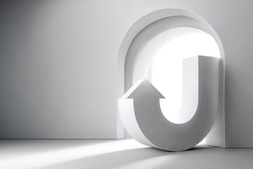 Arched doorway with a large, curving arrow pointing inward, illuminated by light