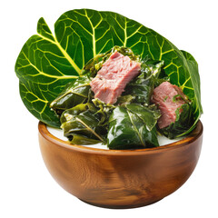 Obraz na płótnie Canvas Lu Pulu corned beef cooked in coconut milk in taro leaves in wooden bowl, isolated on white transparent background, concept of traditional Polynesian food
