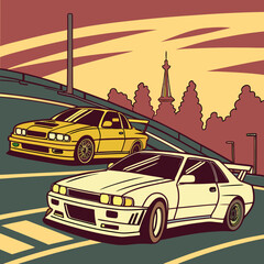 Neon car in cyberpunk city.