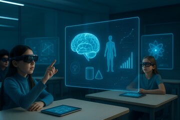 A futuristic classroom with interactive holographic screens, children learning with AR glasses, ultra detailed design, cinematic lighting, sharp focus, clean and noise free