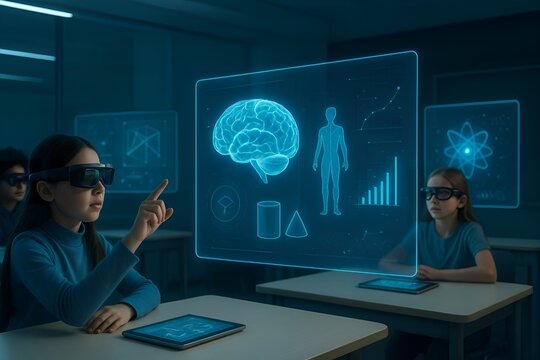 A futuristic classroom with interactive holographic screens, children learning with AR glasses, ultra detailed design, cinematic lighting, sharp focus, clean and noise free - Powered by Adobe