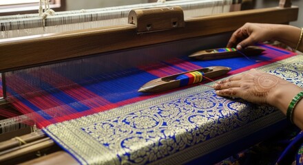 Fototapeta premium Weaving a Traditional Silk Saree: Close-up of Hands Working on Loom with Colorful Threads