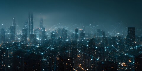 A futuristic cityscape with holographic digital lines connecting buildings, representing the integration of AI in urban planning and traffic control systems.