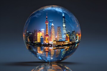 Fototapeta premium A glowing Earth globe with the city skyline of Shanghai, China, reflected on its surface, creating an atmosphere of global technology and prosperity. 