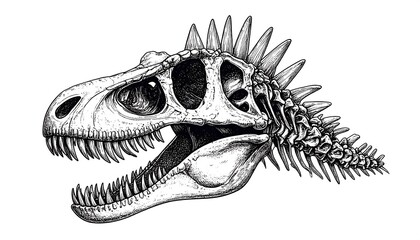 Detailed pen-and-ink drawing of a dinosaur skull and partial skeleton, in profile view, against a white background