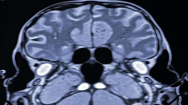 A coronal view MRI scan of a human head showing anatomical brain structure
