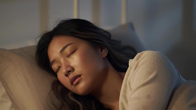 Sleeping woman lying in bed. Eyes closed, face soft in dimly lit bedroom scene