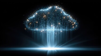 Glowing cloud data symbol, light beams below