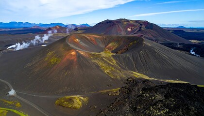 A high-angle view of a volcanic landscape featuring multiple craters, colorful volcanic rock formations, and plumes of smoke, showcasing the dramatic beauty of Iceland's geothermal features.