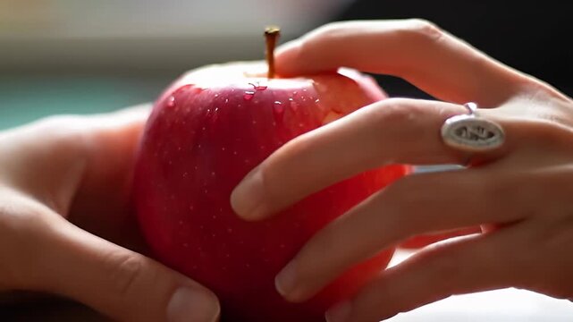 Hands hold a red apple with water droplets, a bite taken out of the fruit