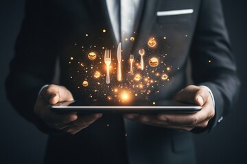 A Waiter Holding a Tablet with Food and Drinks