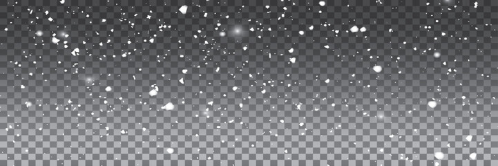 White snow falling on transparent panorama view background. Vector illustration.