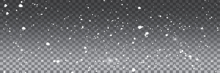 Vector illustration of flying snow on a transparent background. Natural phenomenon of snowfall or blizzard.	