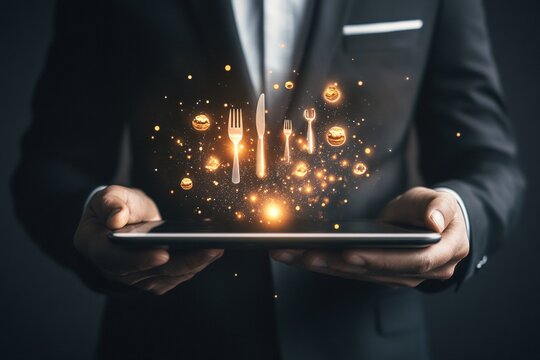 A Waiter Holding a Tablet with Food and Drinks