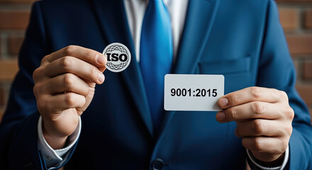 Fototapeta premium Businessman showcases ISO standards card alongside the 9001 2015 certification, wearing a formal blue suit