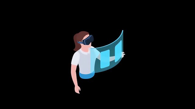 An isometric illustration of a woman wearing a VR headset and interacting with a futuristic, curved digital interface.