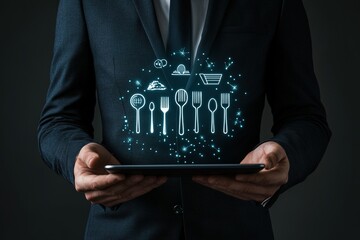 A Waiter Holding a Tablet with Food and Drinks