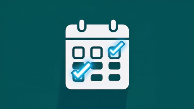 White calendar icon with blue checkmarks over teal, with long drop shadow