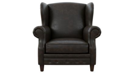 Detailed Realistic 3D Render of a Brown Leather Wingback Armchair on Transparent Background