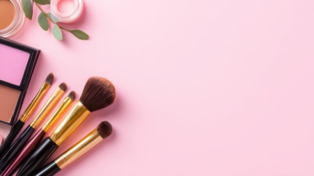 A vibrant arrangement of makeup brushes and cosmetics on a soft pink background, perfect for beauty tutorials - Powered by Adobe