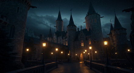 Fototapeta premium ダークファンタジー城の夜景 背景イラスト