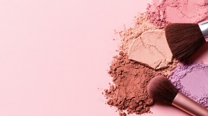 Colorful makeup powders and brushes arranged on a soft pink background, ideal for beauty product promotions