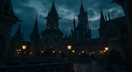 Obraz premium ダークファンタジー城の夜景 背景イラスト