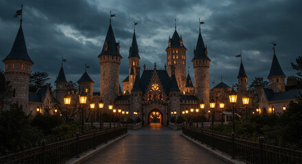 Naklejka premium ダークファンタジー城の夜景 背景イラスト、映画のような雰囲気