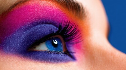 Close-up of a woman's eye showcasing vibrant purple and pink eye makeup against a blue background
