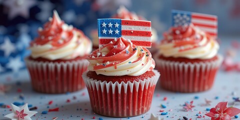 Patriotic Red Velvet Cupcakes Decorated with American Flags for Independence Day Celebration