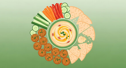 A vibrant and delicious hummus platter illustration with various accompaniments, perfect for