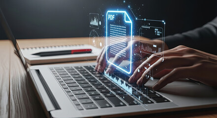 Hands type on laptop keyboard with glowing PDF document and chart overlays