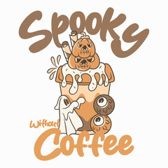 
Retro vintage spooky Halloween coffee graphic illustration, ghost pumpkin dessert drink, haunted cafe beverage graphci tee vector