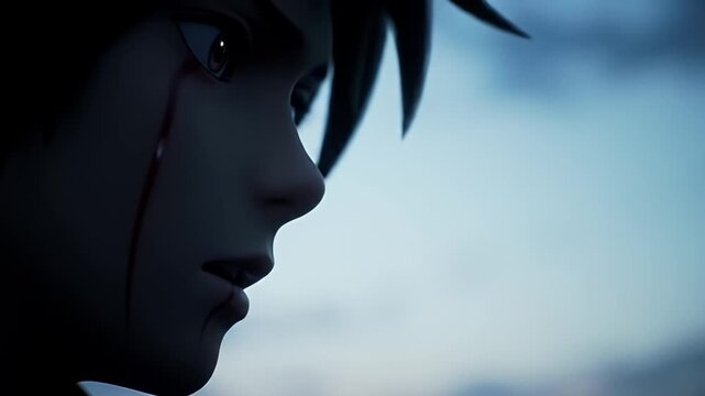 Anguish.
Description Animated male face in profile, bleeding, with a blurry sky background. Somber and dramatic