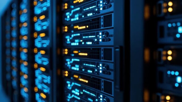 Rows of illuminated servers glow blue showcasing complex data processing systems Digital infrastructure and technological advancement Powerful computing in a modern data center environment - Powered by Adobe